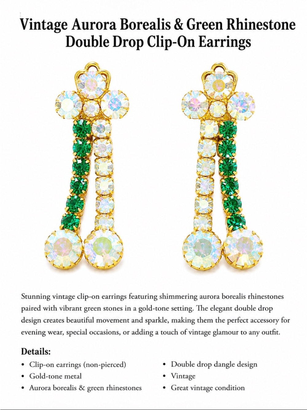 Vintage Aurora Borealis & Green Rhinestone Double Drop Clip-On Earrings